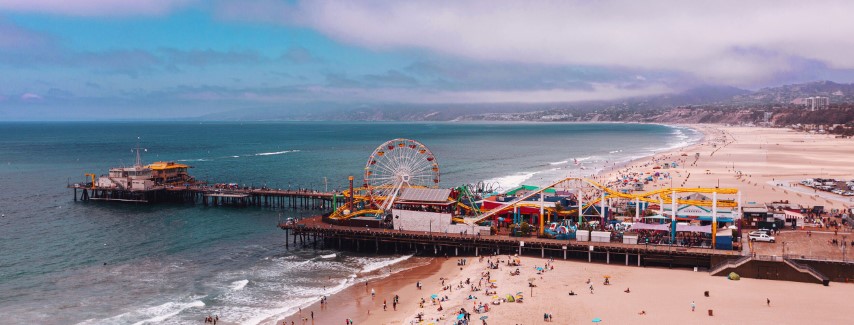 Santa Monica pier beach pacific ocean aerial photo